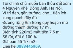 Chính chủ bán 220m2 đất thổ xóm 4 nguyên khê, đông anh, sổ đỏ, 55 trm2. lh0888446969