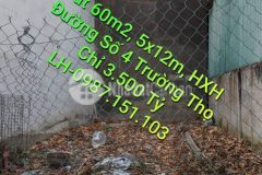 Đất trống đường số 4, trường thọ tp. thủ đức. diện tích 60m2 ngang 5m, hxh. giá 3 tỷ 500.