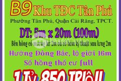 Bán nền 100m2 có mương hở hông 2m đường b9 kdc tân phú cái răng cần thơ