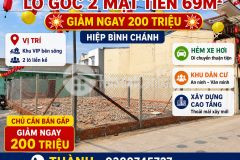 Lô góc 2 mặt tiền 69m2 giảm ngay 200 triệu hiệp bình chánh