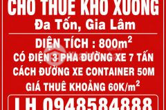Cho thuê kho, xưởng mbkd 800m2 đa tốn, gia lâm có điện 3 pha đường xe tải 7 tấn